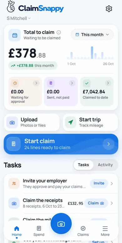 ClaimSnappy on iPhone: £378.88 waiting to be claimed this month, with Upload, Start trip and Start claim.
