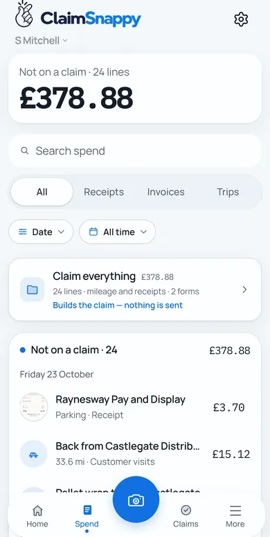 Spend on iPhone: 24 receipts and journeys not on a claim yet, £378.88, newest first.