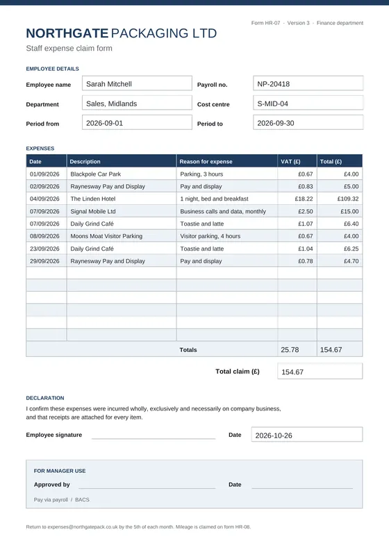 The company’s own expense claim form, filled in by ClaimSnappy: name, payroll number, period, eight receipts with their VAT, and the total.