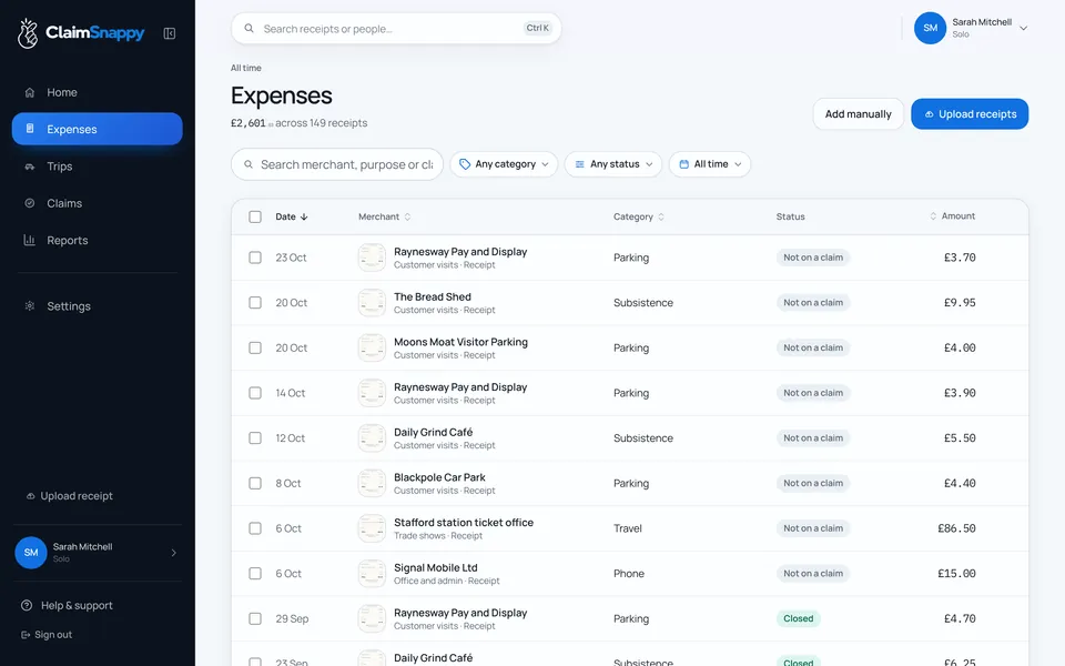Expenses on the web: every receipt with its date, merchant, category, claim status and amount.