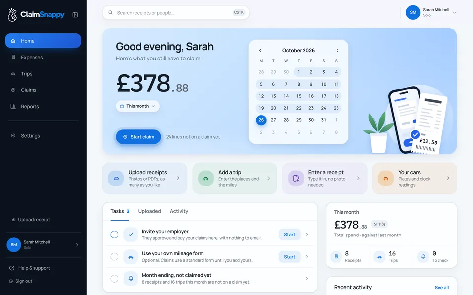 ClaimSnappy on the web: £378.88 still to claim this month, from 8 receipts and 16 trips.